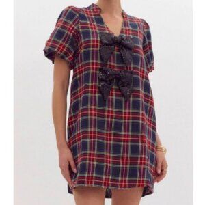Navy Plaid Dress with Sequin Bows